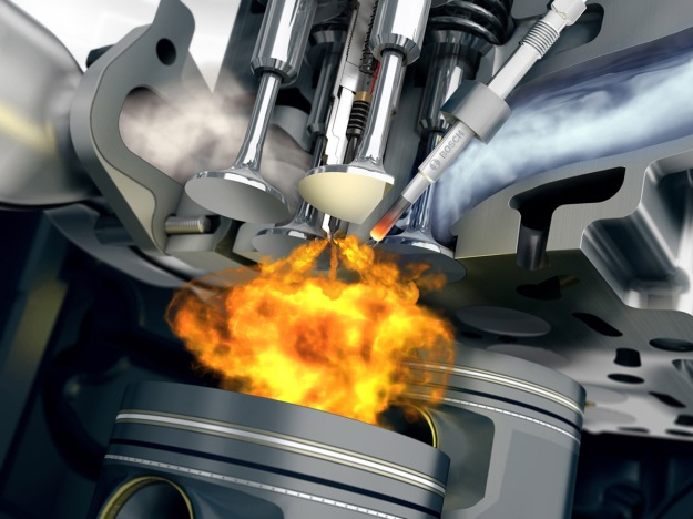 Fuel being burnt as it is injected into a diesel cylinder. (Bosch image)